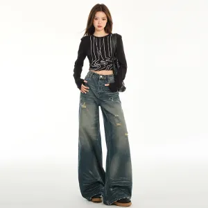 Relaxed Fit Blue Tattered Vintage Straight Leg Jeans