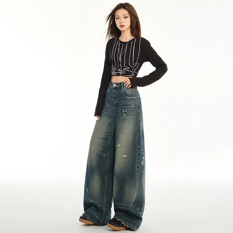 Relaxed Fit Blue Tattered Vintage Straight Leg Jeans
