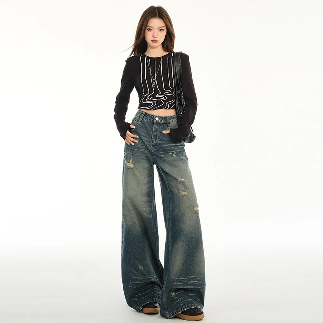 Relaxed Fit Blue Tattered Vintage Straight Leg Jeans