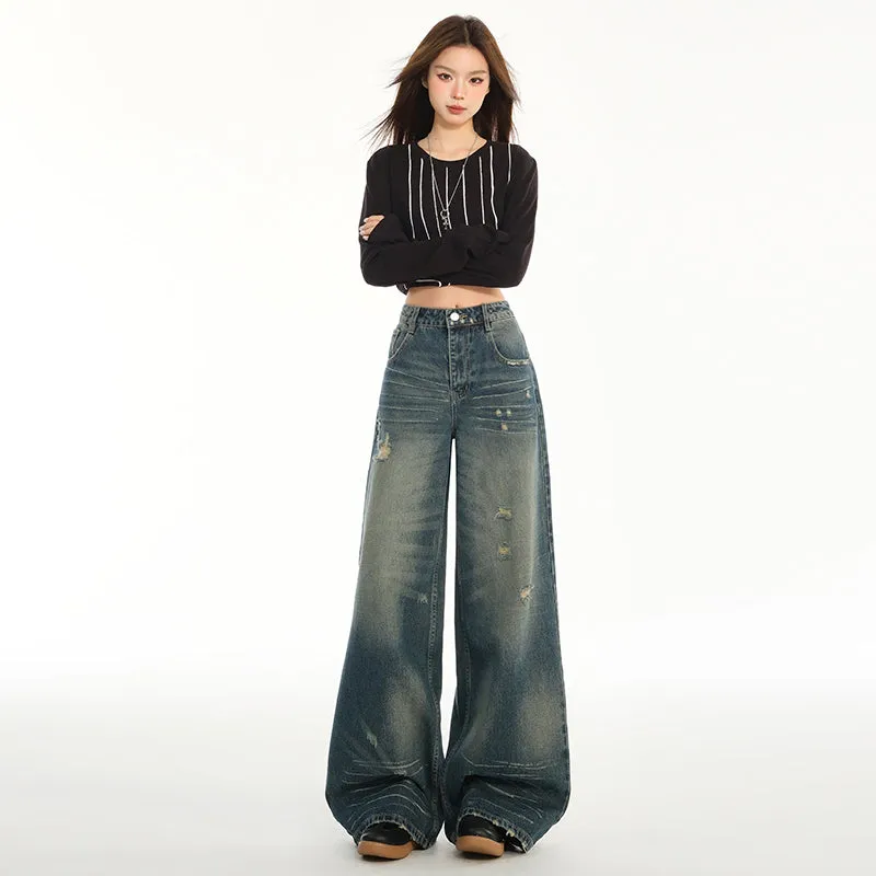 Relaxed Fit Blue Tattered Vintage Straight Leg Jeans