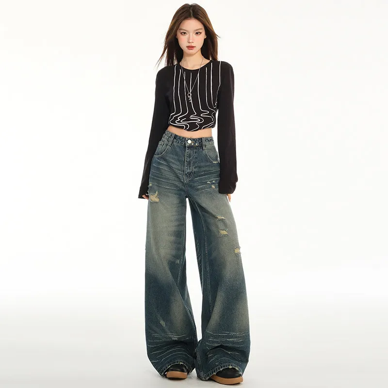 Relaxed Fit Blue Tattered Vintage Straight Leg Jeans