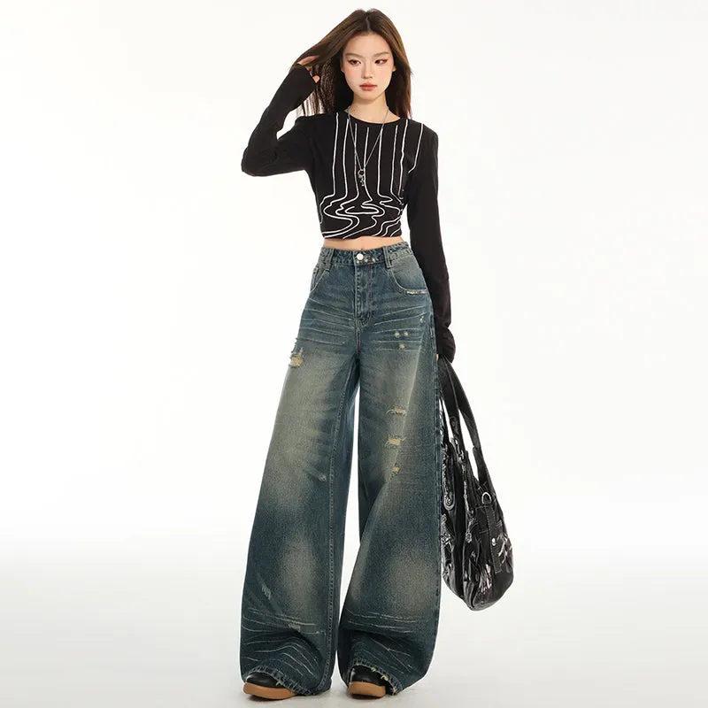 Relaxed Fit Blue Tattered Vintage Straight Leg Jeans