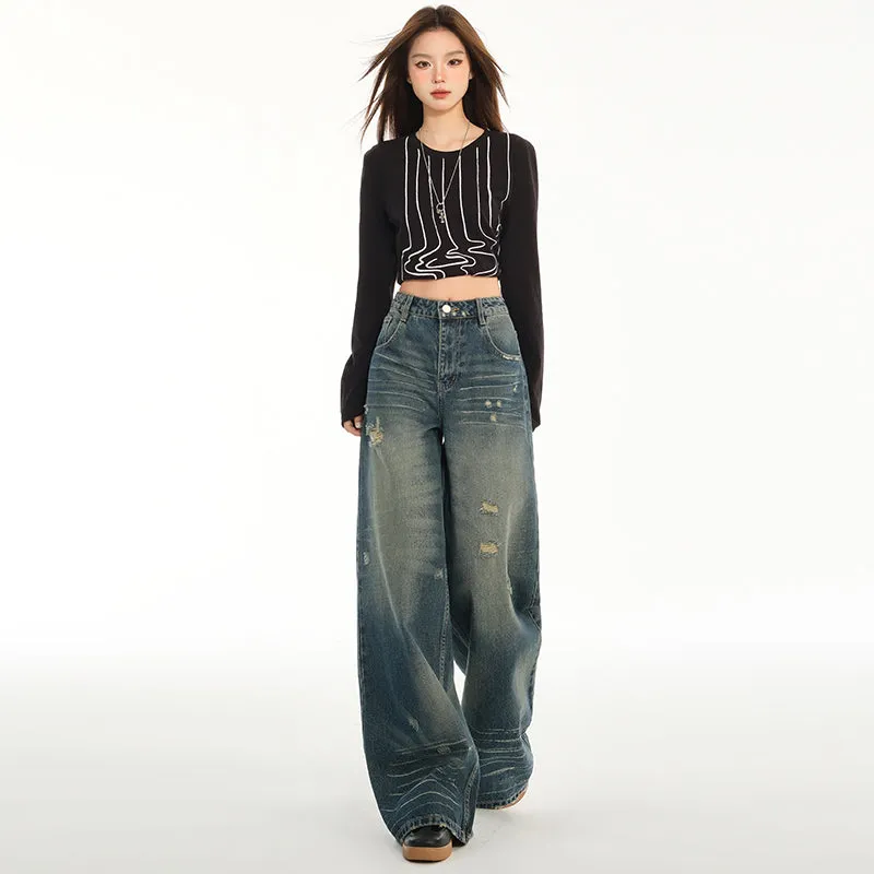 Relaxed Fit Blue Tattered Vintage Straight Leg Jeans