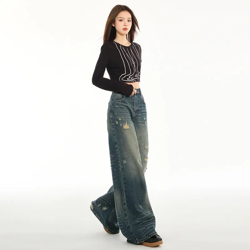 Relaxed Fit Blue Tattered Vintage Straight Leg Jeans
