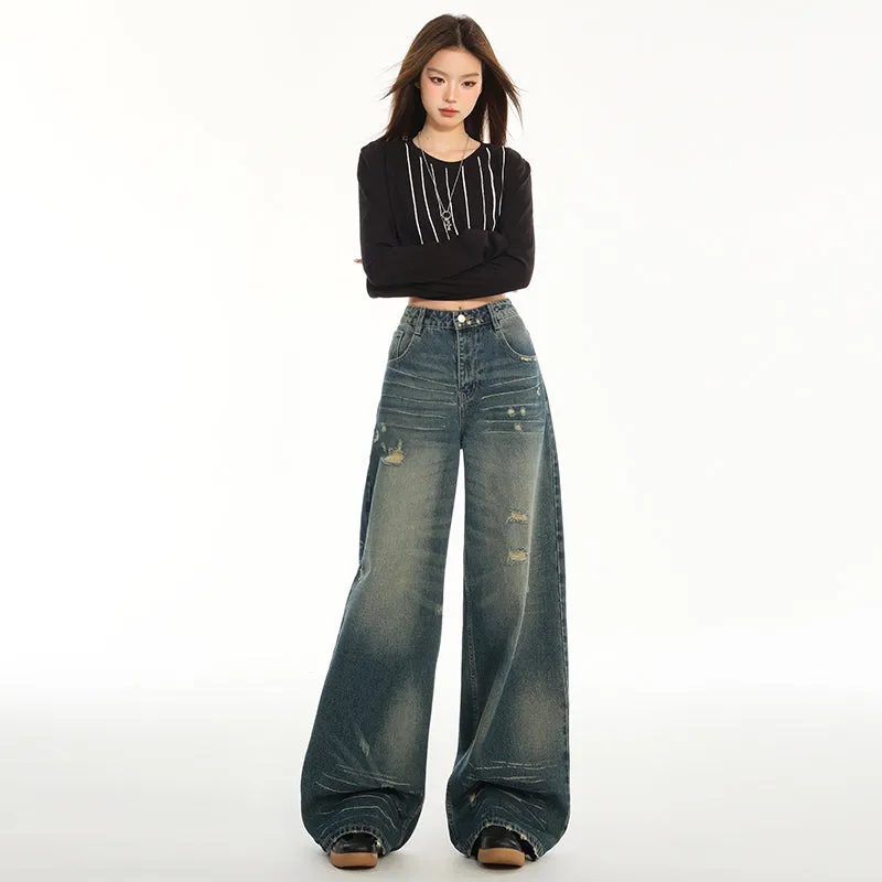 Relaxed Fit Blue Tattered Vintage Straight Leg Jeans