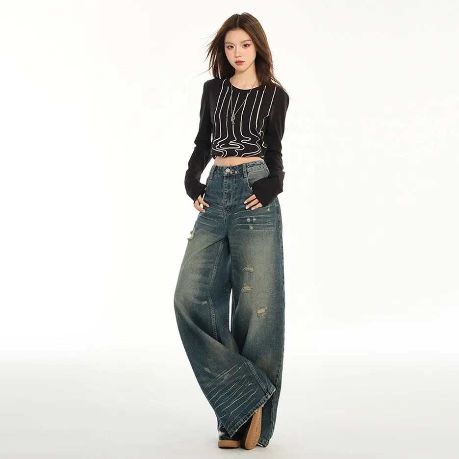 Relaxed Fit Blue Tattered Vintage Straight Leg Jeans