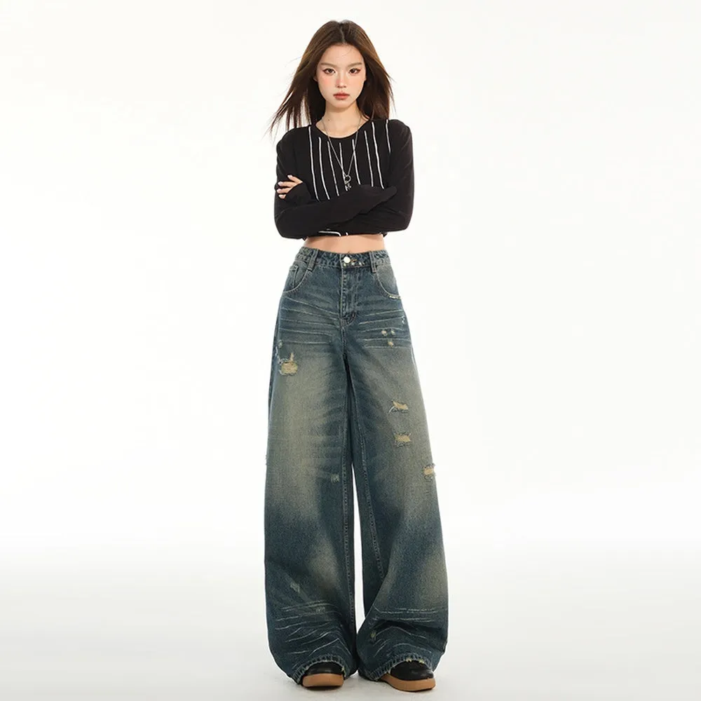 Relaxed Fit Blue Tattered Vintage Straight Leg Jeans
