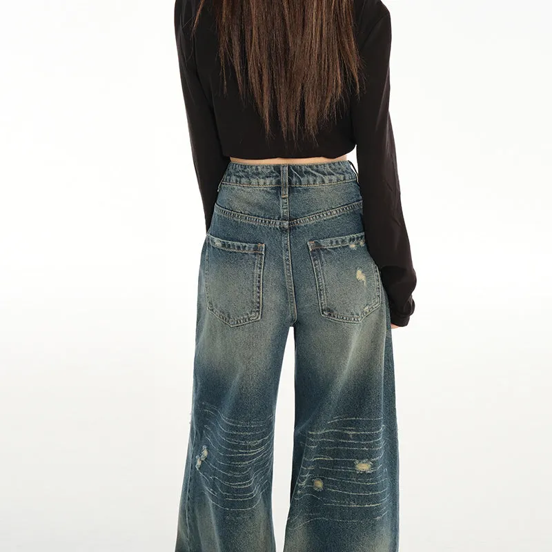 Relaxed Fit Blue Tattered Vintage Straight Leg Jeans