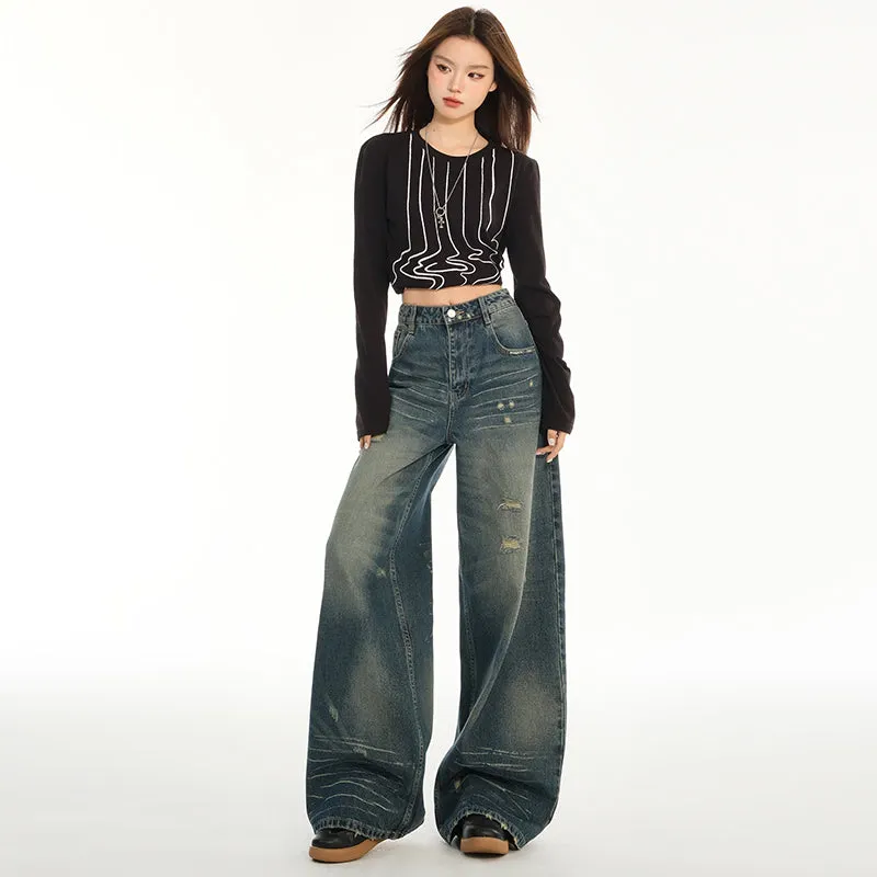 Relaxed Fit Blue Tattered Vintage Straight Leg Jeans