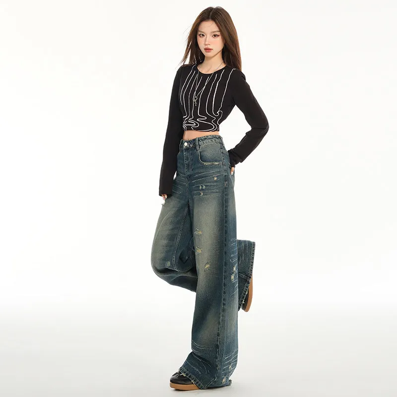 Relaxed Fit Blue Tattered Vintage Straight Leg Jeans