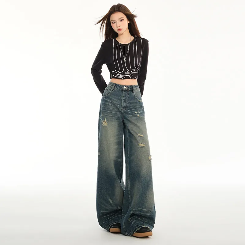 Relaxed Fit Blue Tattered Vintage Straight Leg Jeans