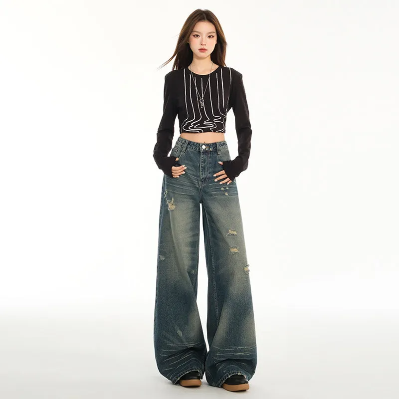 Relaxed Fit Blue Tattered Vintage Straight Leg Jeans