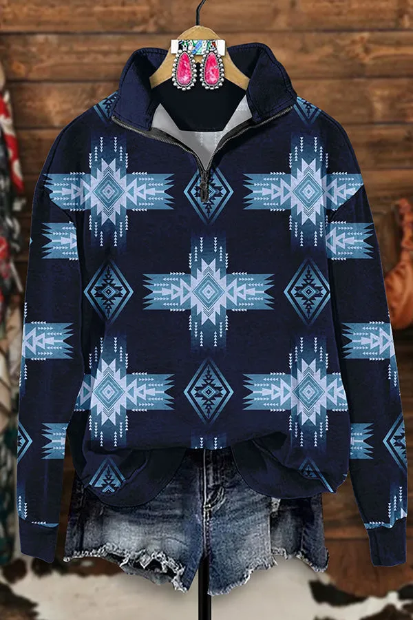 Retro Western Aztec Print Zip-Up Sweatshirt