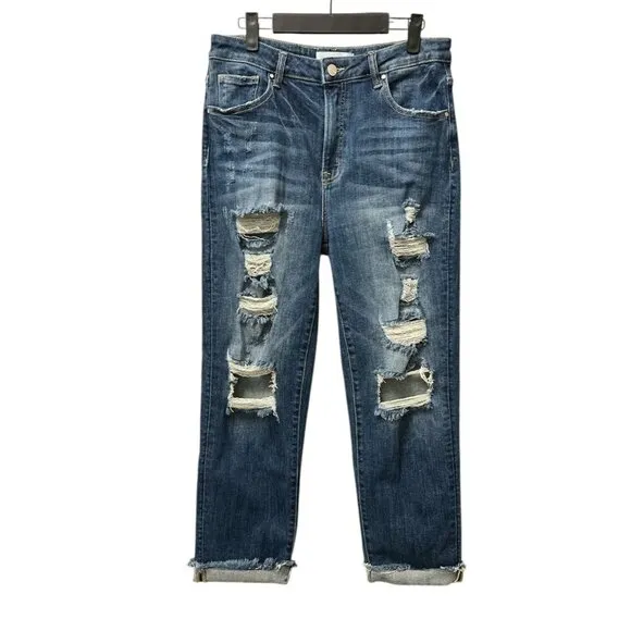 RISEN Crop Boyfriend Destroyed Jeans Cuff Raw Hem Distressed Holes Ripped 11/30