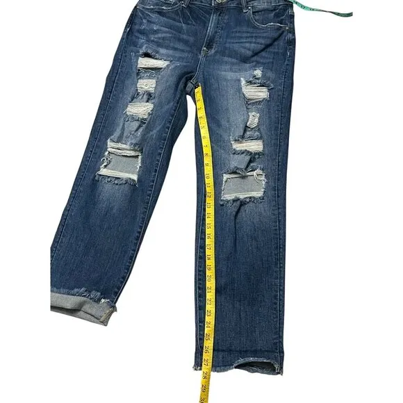 RISEN Crop Boyfriend Destroyed Jeans Cuff Raw Hem Distressed Holes Ripped 11/30