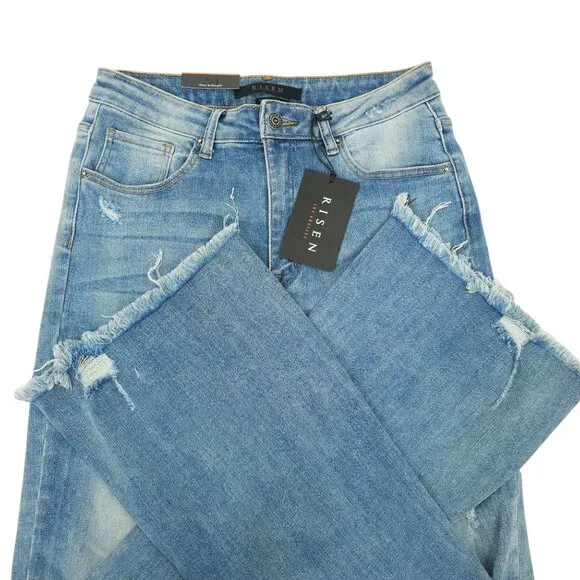 Risen Los Angeles Jeans Distressed Flare High Rise 31/13 Stretch Frayed Hem NWT