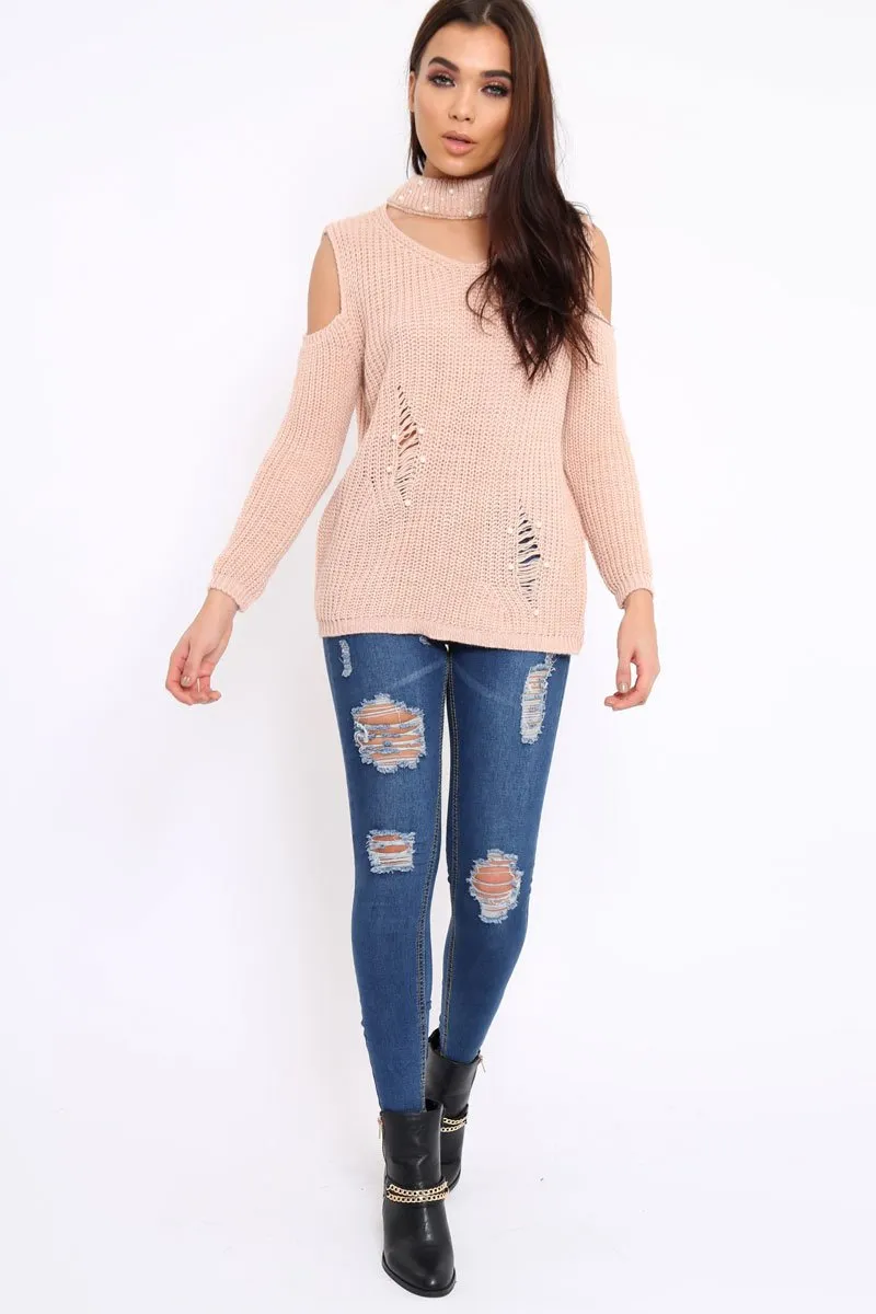 Rose Distressed Pearl Chunky Knit Jumper - Narla