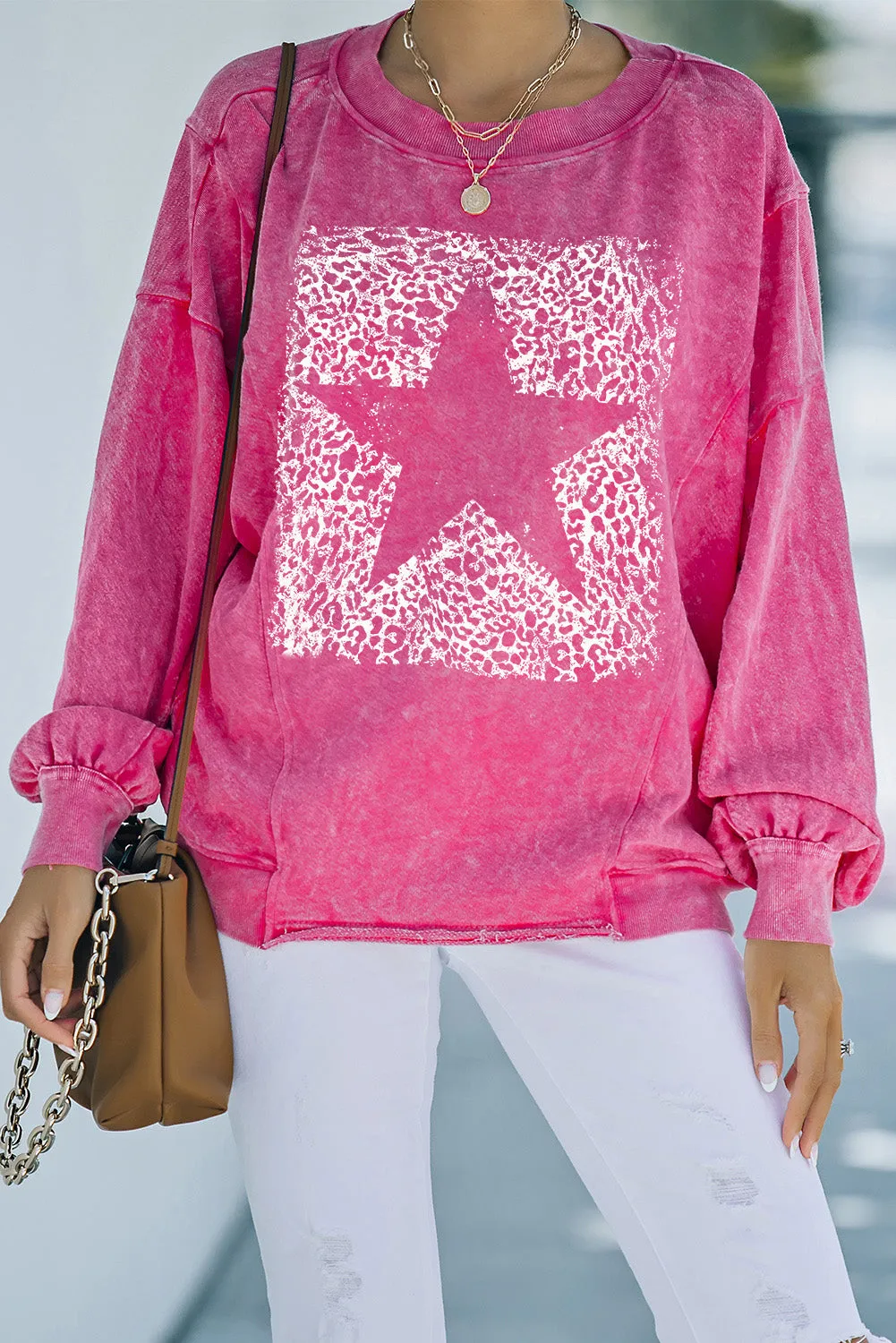 Rose Leopard Star Graphic Print Long Sleeve Sweatshirt