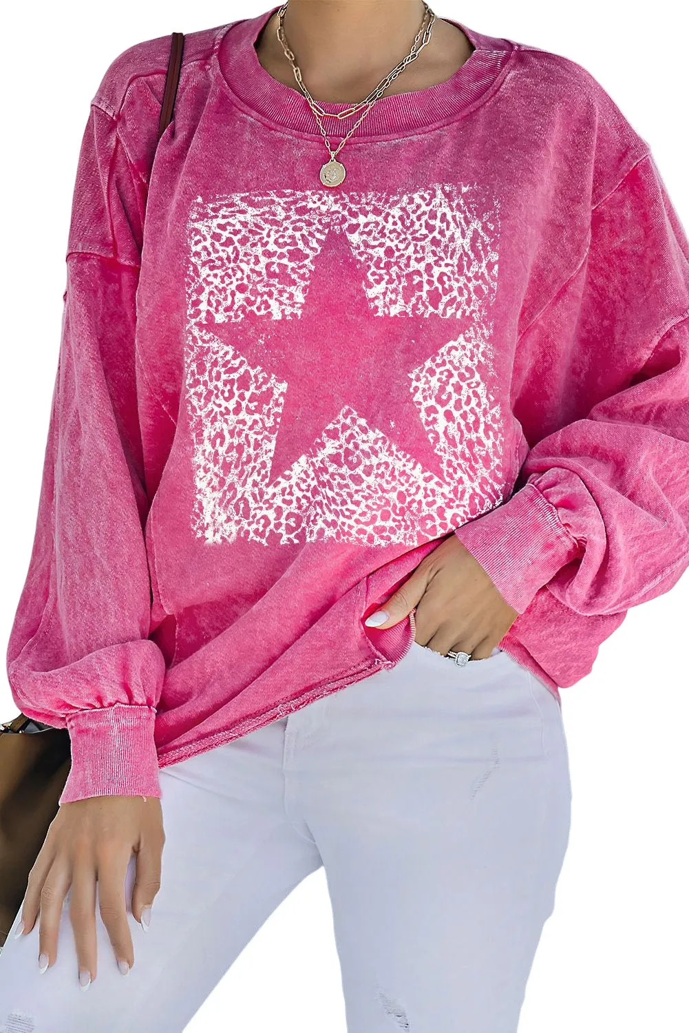 Rose Leopard Star Graphic Print Long Sleeve Sweatshirt