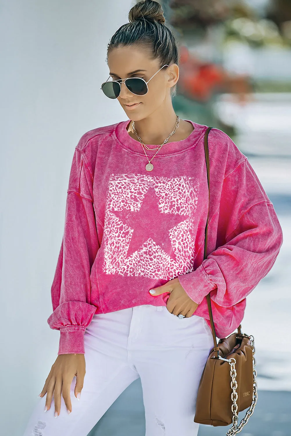 Rose Leopard Star Graphic Print Long Sleeve Sweatshirt