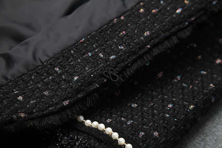 Single-breasted Beading Elastic Waist Tassel Tweed Blazers Mini A-line Skirt Suit Two-piece Set Black