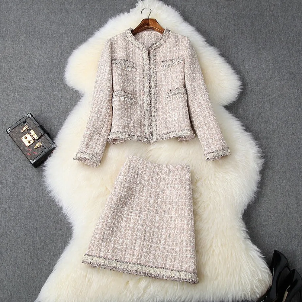 Single-breasted Tweed Blazers Mini A-line Skirt Suit Two-piece Set