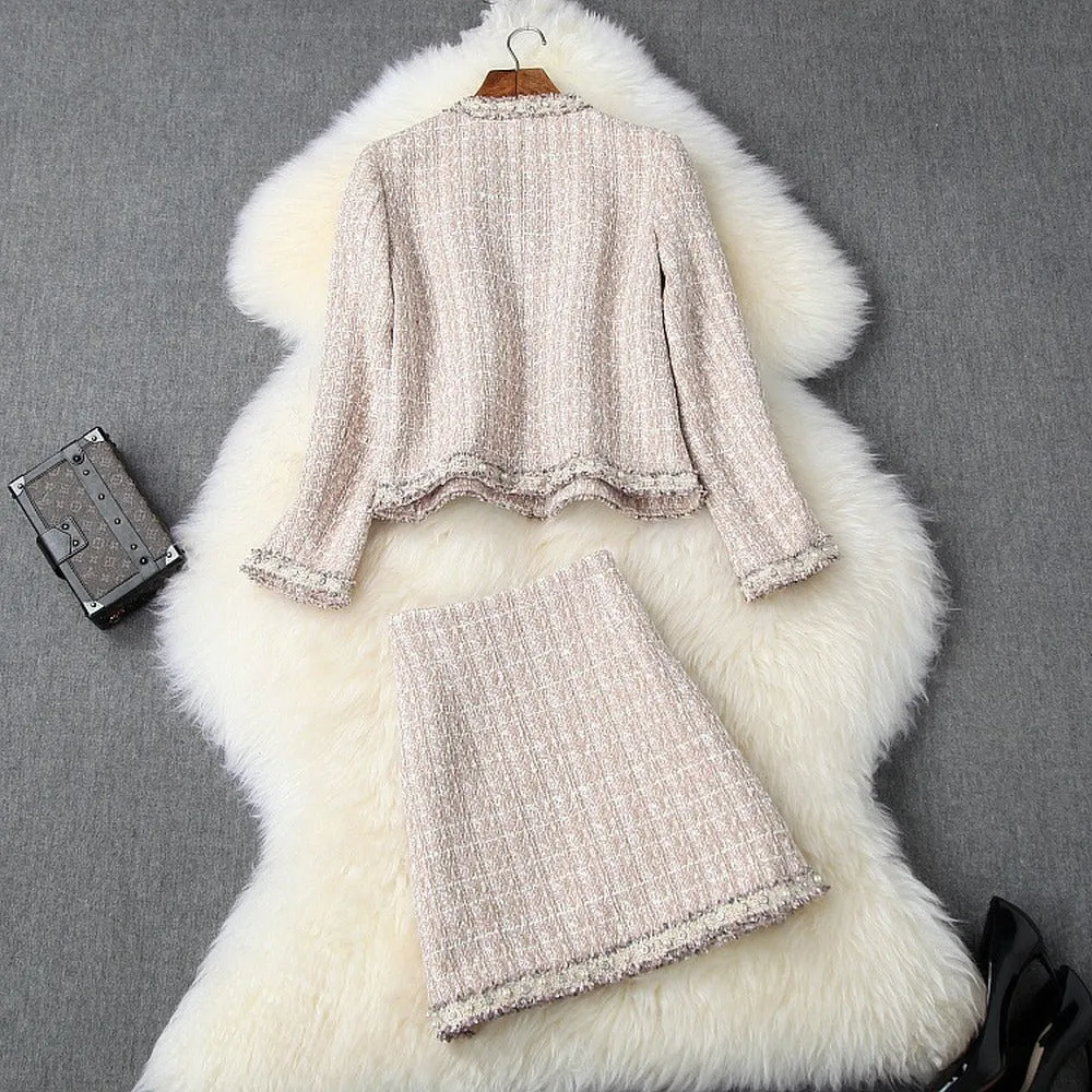 Single-breasted Tweed Blazers Mini A-line Skirt Suit Two-piece Set