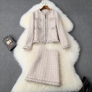 Single-breasted Tweed Blazers Mini A-line Skirt Suit Two-piece Set