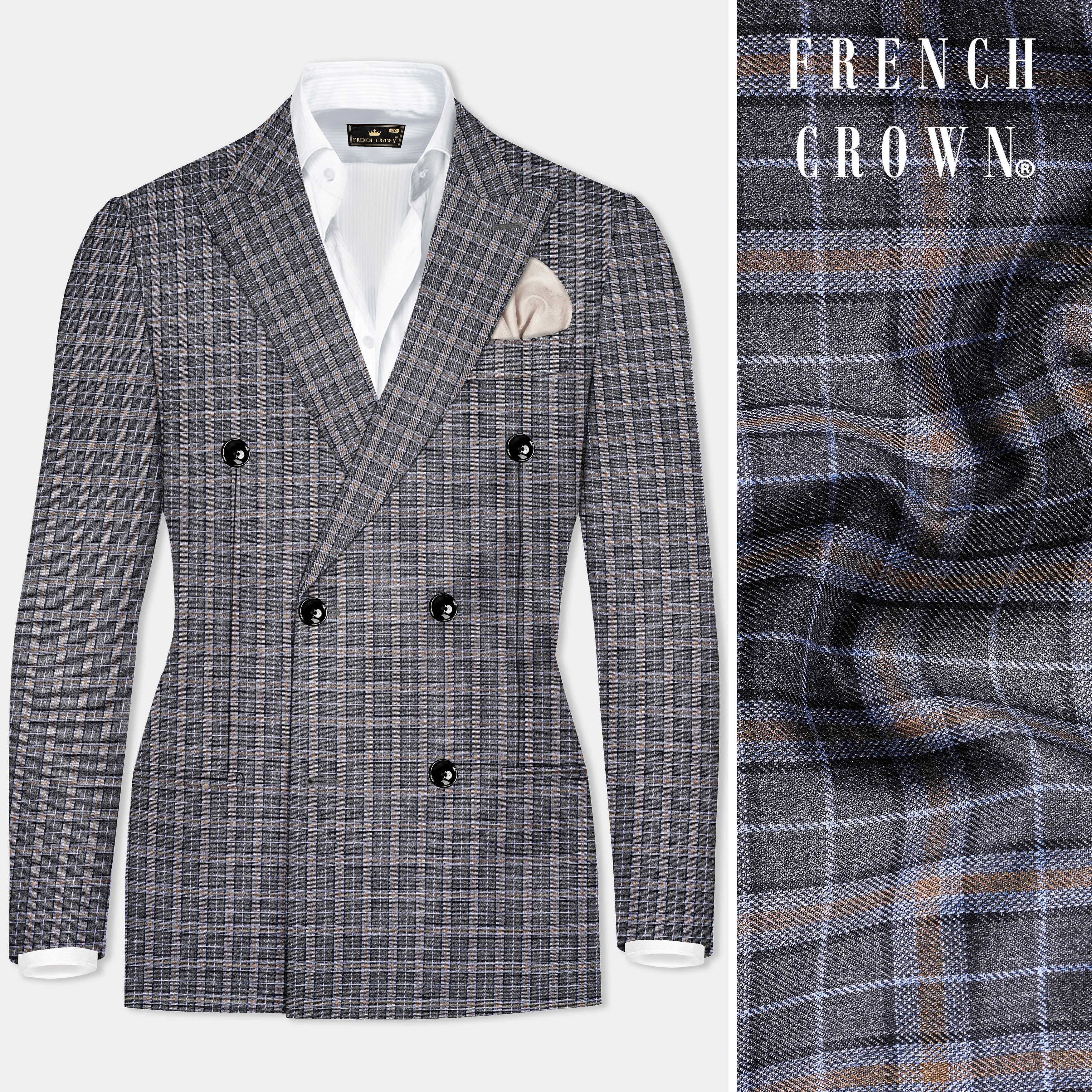 Smokey Gray Plaid Wool Blend Double Breasted Blazer