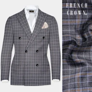 Smokey Gray Plaid Wool Blend Double Breasted Blazer