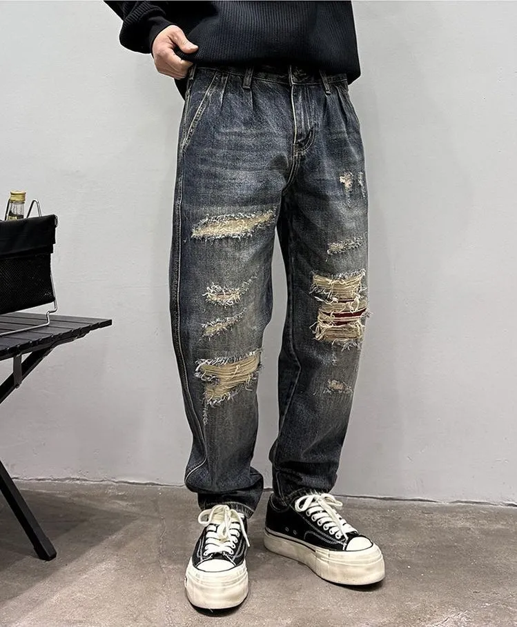 Stylish Men's Straight Leg Jeans with Patchwork for a Streetwear Vibe