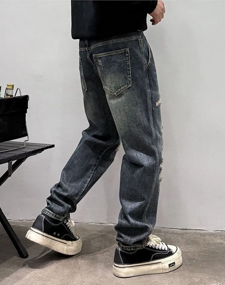 Stylish Men's Straight Leg Jeans with Patchwork for a Streetwear Vibe