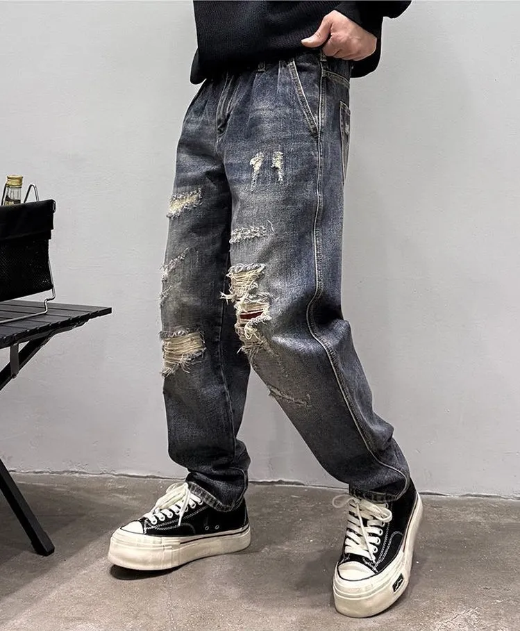 Stylish Men's Straight Leg Jeans with Patchwork for a Streetwear Vibe