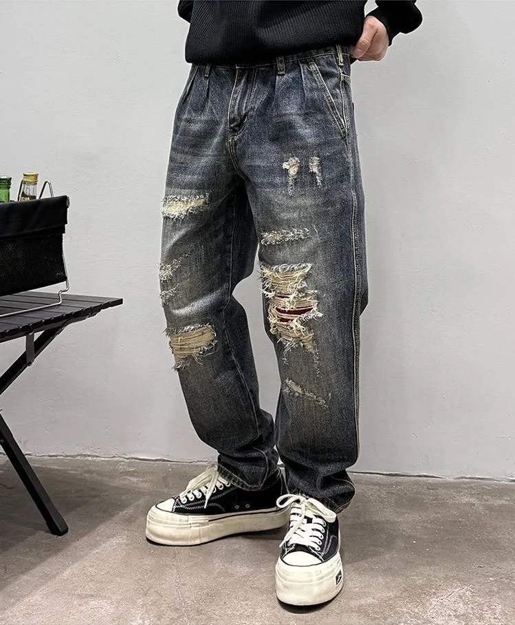 Stylish Men's Straight Leg Jeans with Patchwork for a Streetwear Vibe
