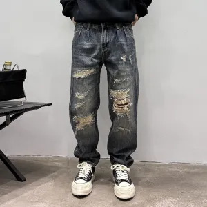 Stylish Men's Straight Leg Jeans with Patchwork for a Streetwear Vibe