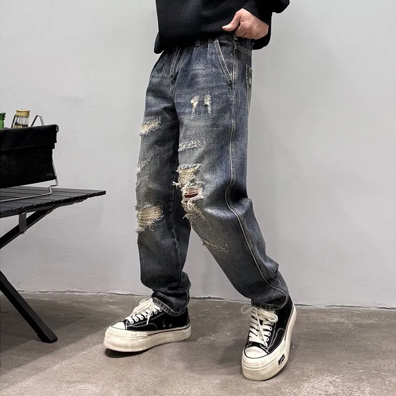 Stylish Men's Straight Leg Jeans with Patchwork for a Streetwear Vibe