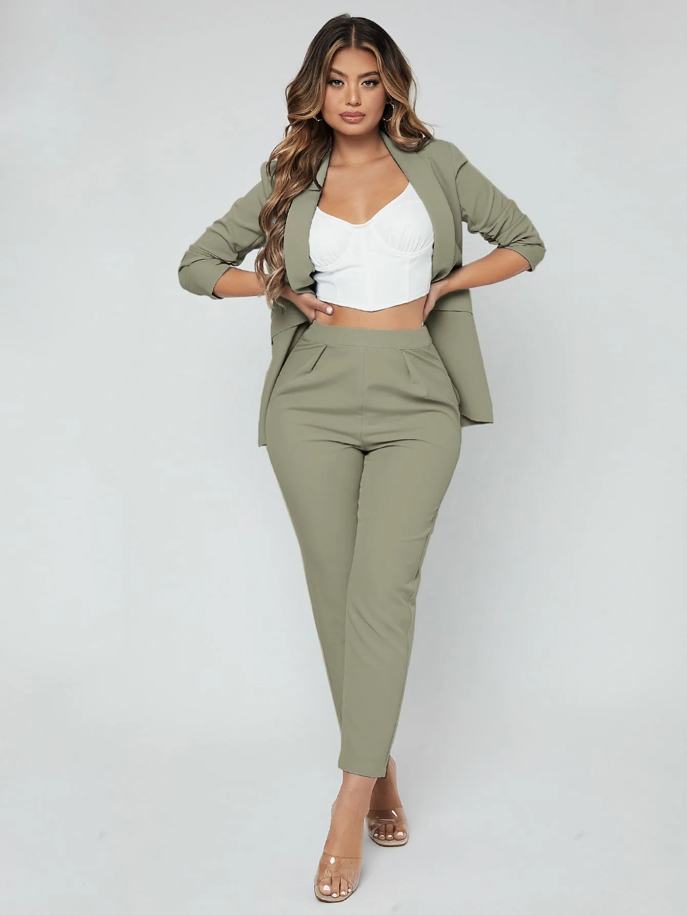 SXY Shawl Neck Open Front Blazer & Pants Suit