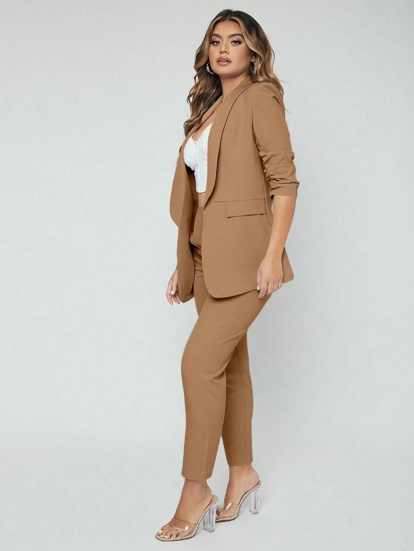 SXY Shawl Neck Open Front Blazer & Pants Suit
