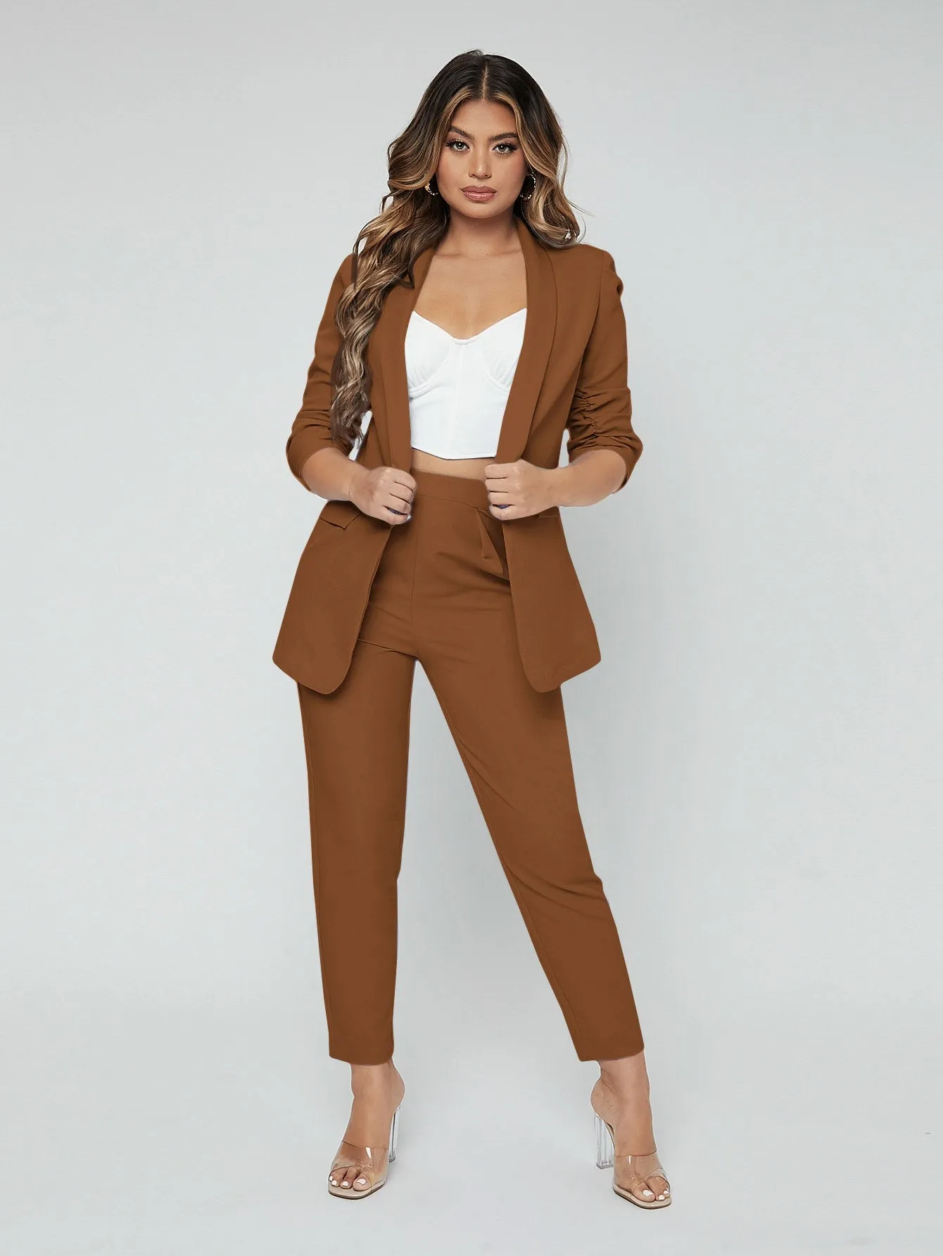 SXY Shawl Neck Open Front Blazer & Pants Suit