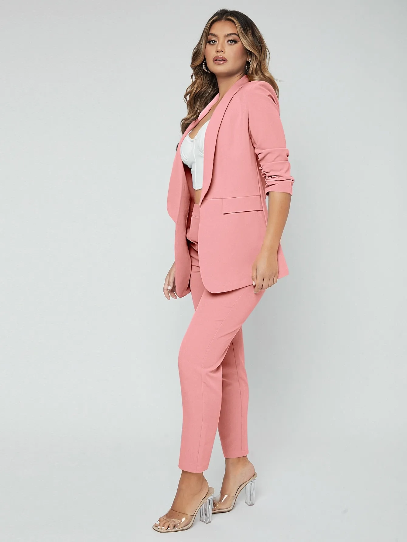 SXY Shawl Neck Open Front Blazer & Pants Suit