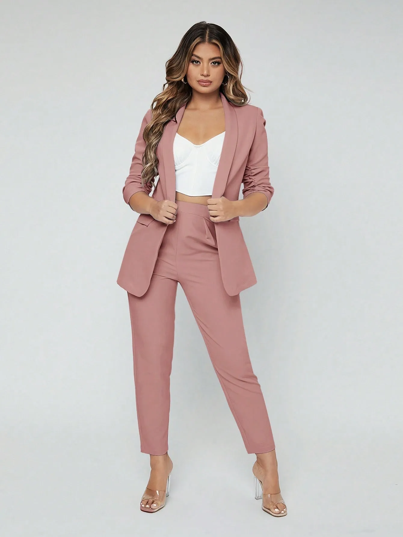 SXY Shawl Neck Open Front Blazer & Pants Suit