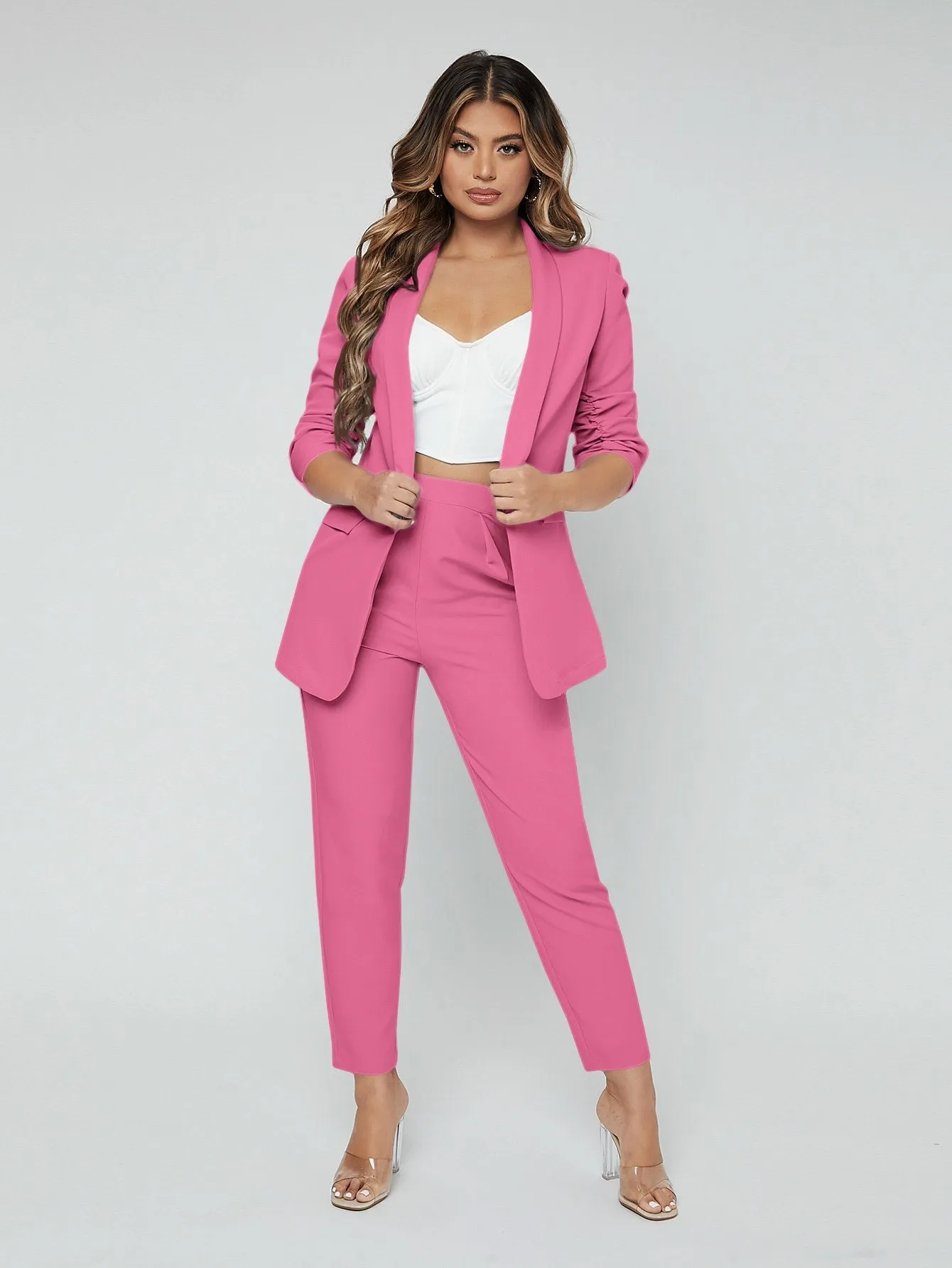 SXY Shawl Neck Open Front Blazer & Pants Suit