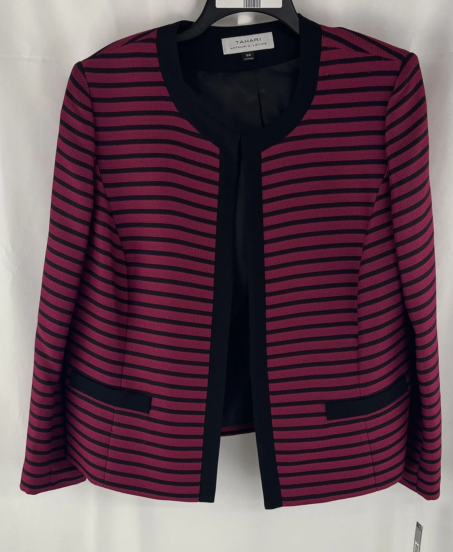 Tahari Women's Dress Jacket Blazer Pink/Black Striped Open Front NWT Size 16W