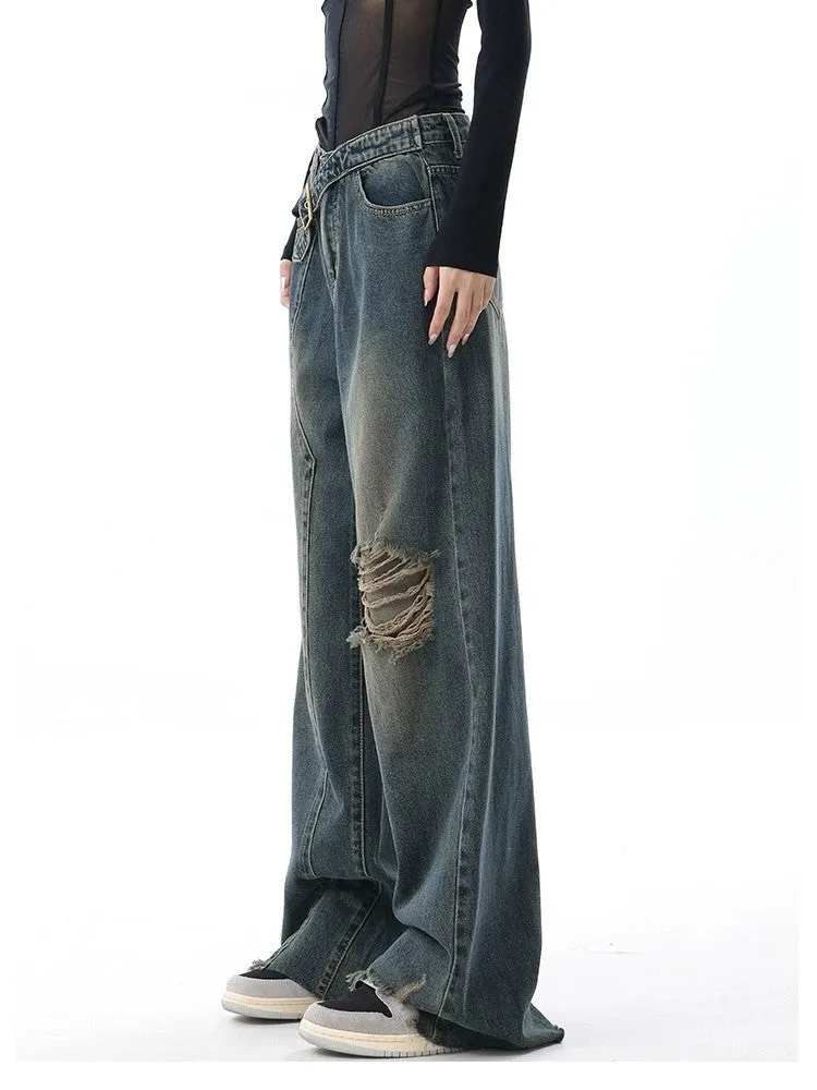 Vintage Gewaschene Baggy Boyfriend Jeans mit Schnalle und Gerippten Details