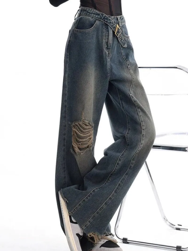 Vintage Gewaschene Baggy Boyfriend Jeans mit Schnalle und Gerippten Details