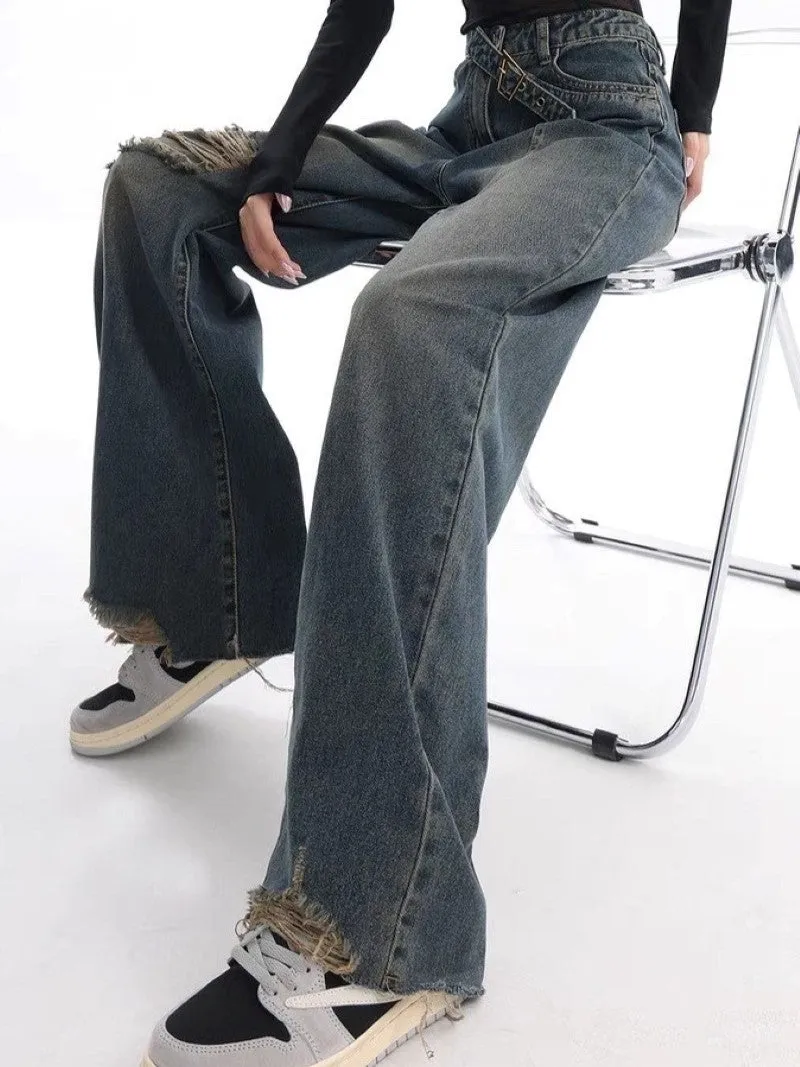 Vintage Gewaschene Baggy Boyfriend Jeans mit Schnalle und Gerippten Details