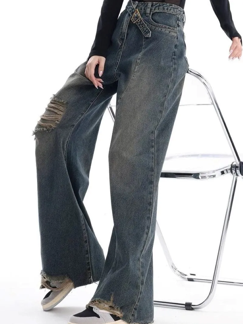 Vintage Gewaschene Baggy Boyfriend Jeans mit Schnalle und Gerippten Details