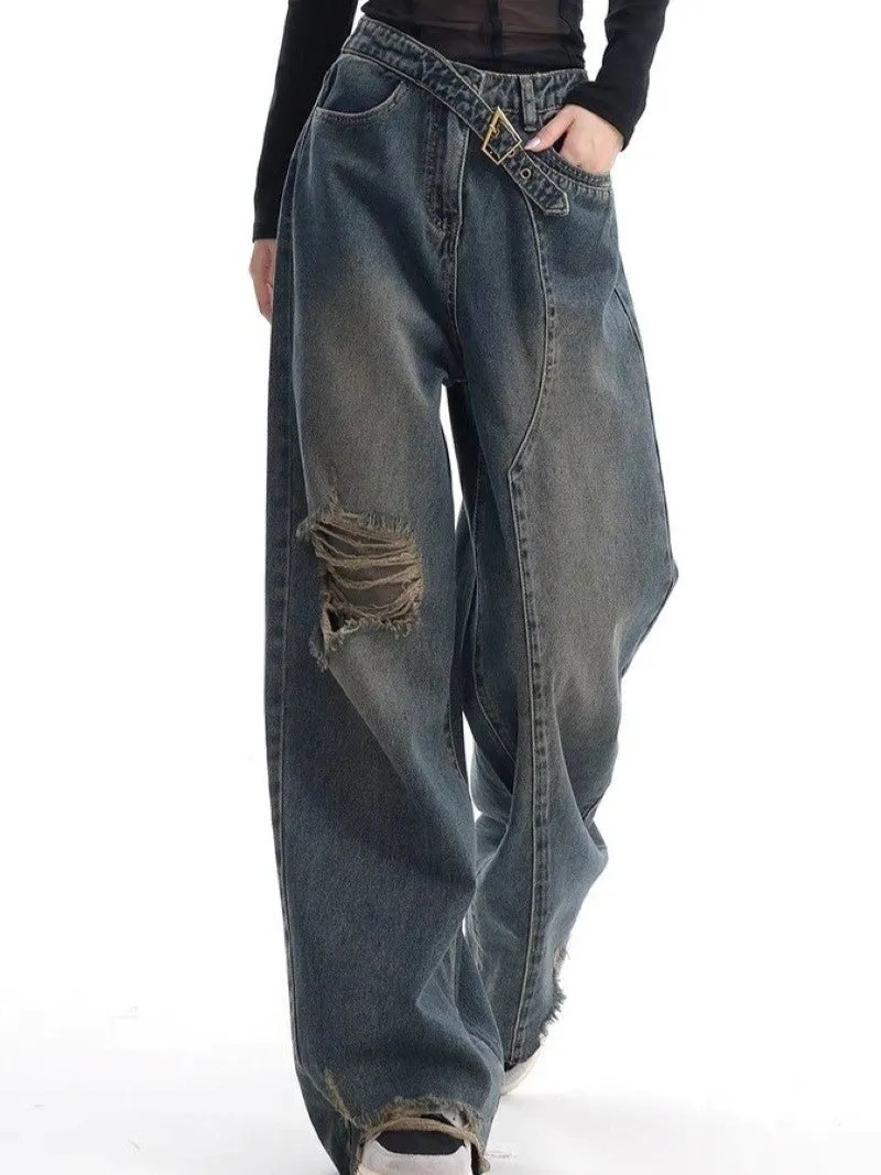 Vintage Gewaschene Baggy Boyfriend Jeans mit Schnalle und Gerippten Details