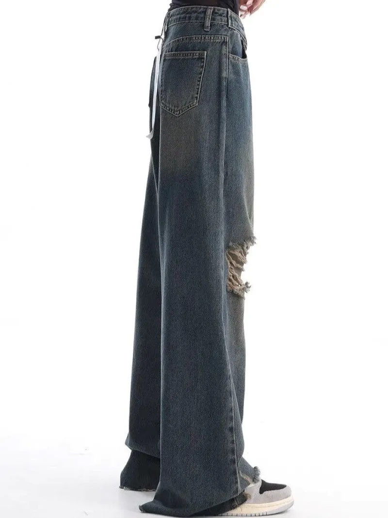Vintage Gewaschene Baggy Boyfriend Jeans mit Schnalle und Gerippten Details