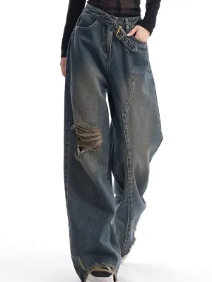 Vintage Gewaschene Baggy Boyfriend Jeans mit Schnalle und Gerippten Details